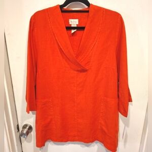 Mosaic USA NWT Women's Red Linen Oversized V-Neck Tunic Top Sz S Lagenlook Artsy